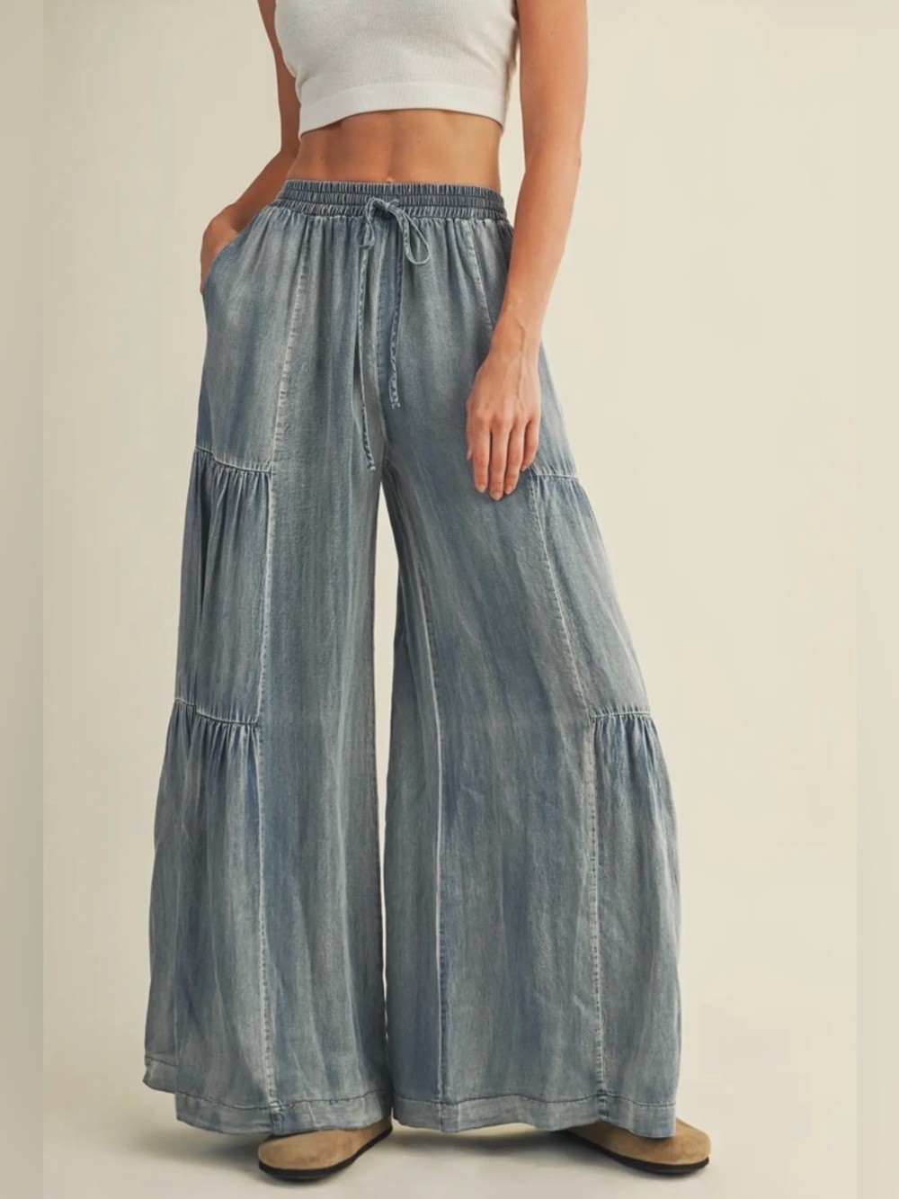 Ruffled Washed Denim Pants